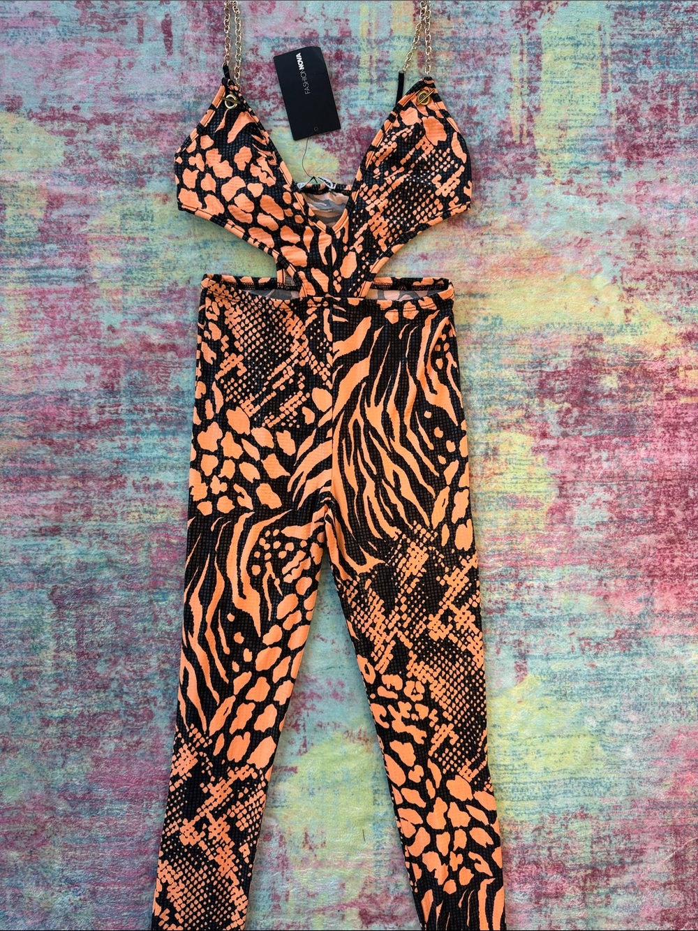 Fashion Nova Orange & Black Animal-Print Cutout Jumpsuit
